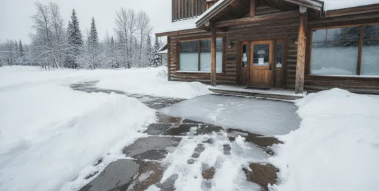 Icy walkway outside an Alaska building with winter boot prints nearby