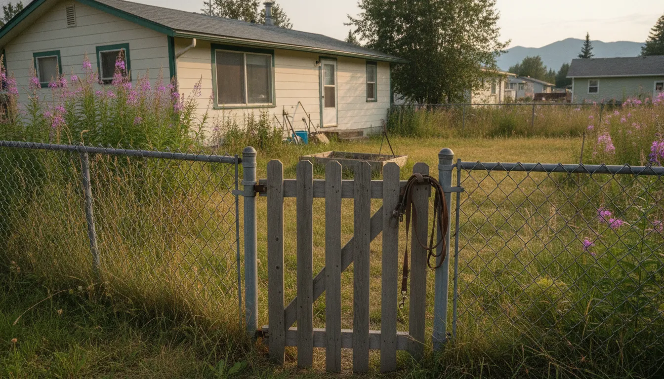 Closed gate and leash at a fenced Alaska rental house in natural light