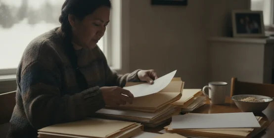 Family member organizing financial paperwork at a table after a loss